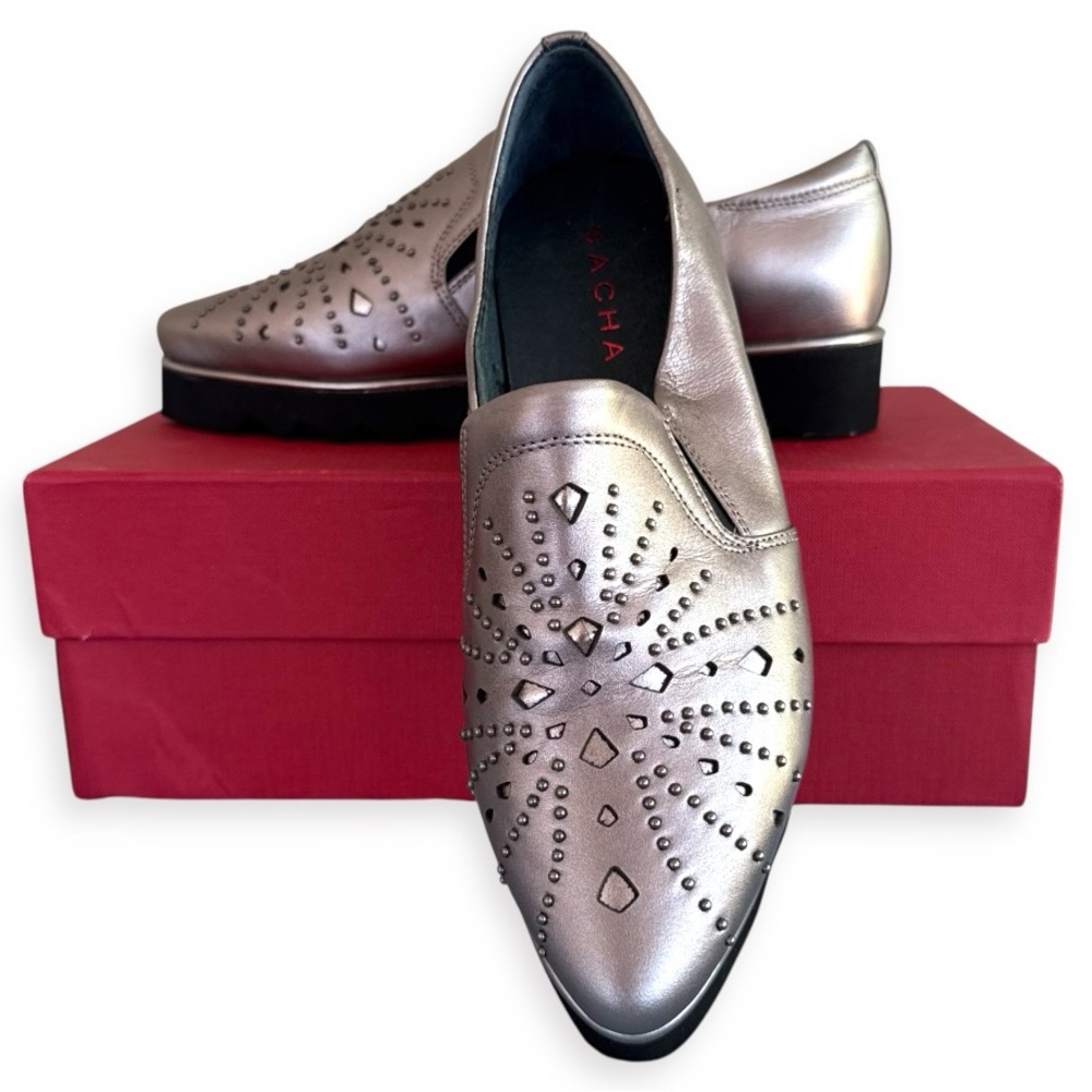 SACHA LONDON“Yasmine” Silver Metallic Embellished Studded Chunky Platform Loafer